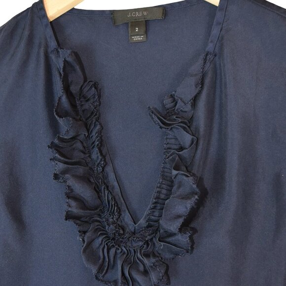 J.Crew Navy Ruffle V-Neck Sleeveless Blouse Size 2 Romantic Silk Preppy Career - Picture 3 of 8